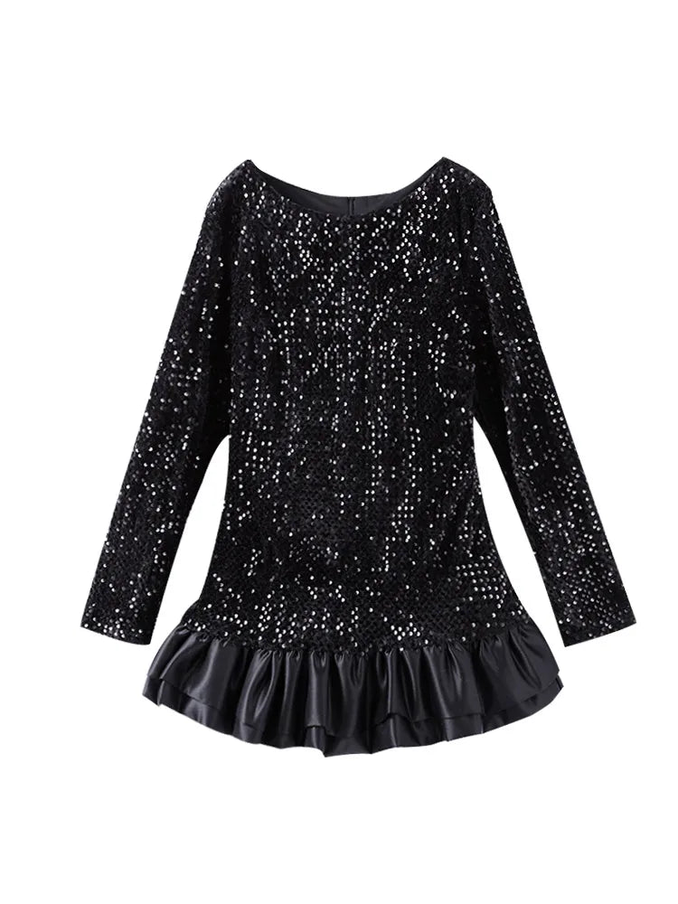 Mini Dresses- Black Sequin Dress with Minimalist Appeal- - IndioGear