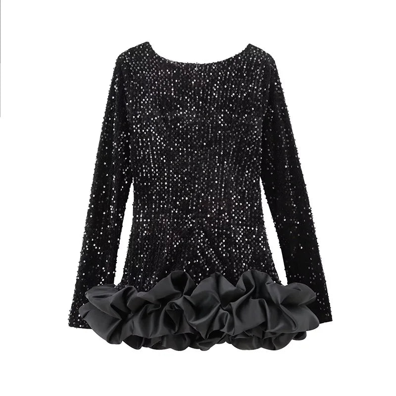 Mini Dresses- Black Sequin Dress with Minimalist Appeal- - IndioGear