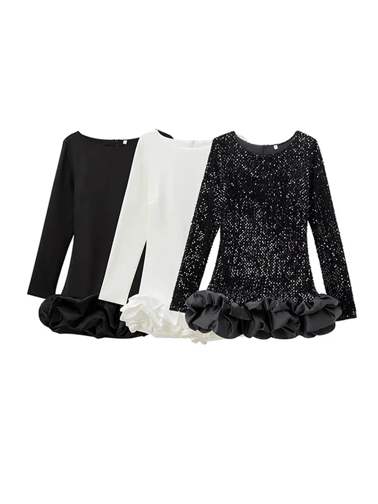 Mini Dresses- Black Sequin Dress with Minimalist Appeal- - IndioGear