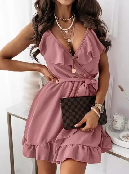 Mini Dresses- Elegant V-Neck Wrap Mini Dress – Feminine and Flirty- Pink- IndioGear.com