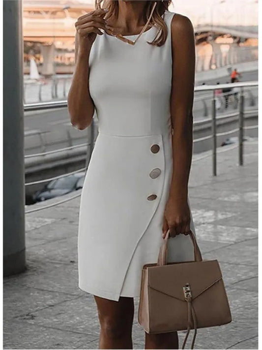 Mini Dresses- Exec Fashion O Neck Sleeveless Short Midi Dress- White- IndioGear.com