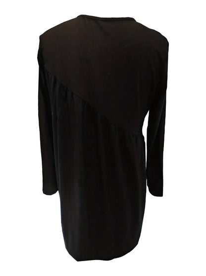 Mini Dresses- Fall Draped Black Mini Dress Long Sleeve- - IndioGear.com