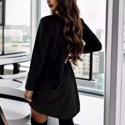 Mini Dresses- Fall Draped Black Mini Dress Long Sleeve- - IndioGear.com