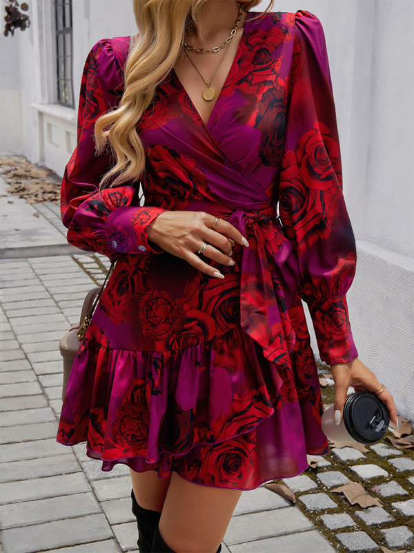 Mini Dresses- Fall Rose-Print Wrap Dress- - IndioGear.com