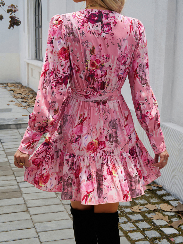 Mini Dresses- Fall Rose-Print Wrap Dress- - IndioGear.com