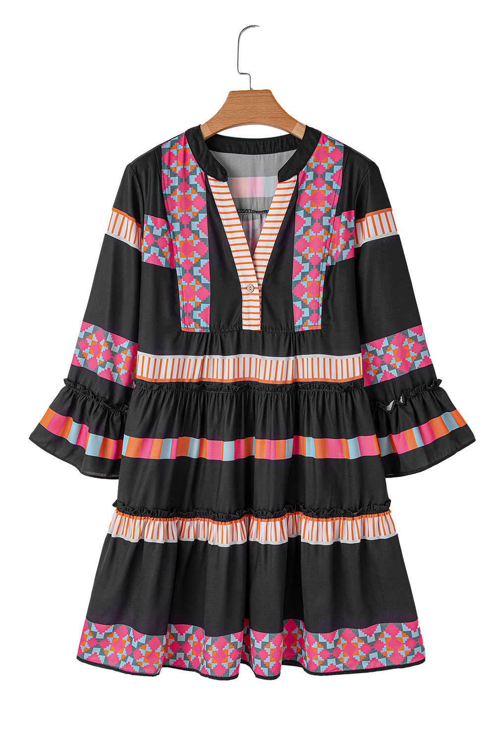 Mini Dresses- Fall Taupe Boho Ethnic Print V-Neck Ruffle Dress- - IndioGear Women Clothing