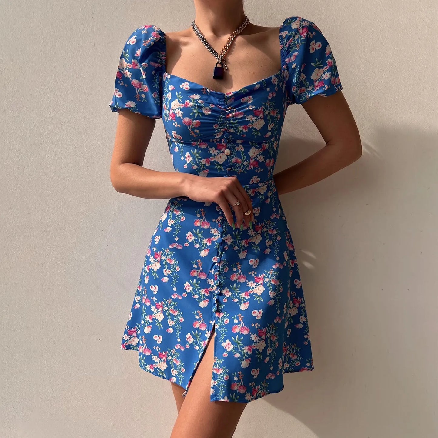 Mini Dresses- Fitted Floral Milkmaid Mini with Button Details- Blue- IndioGear.com