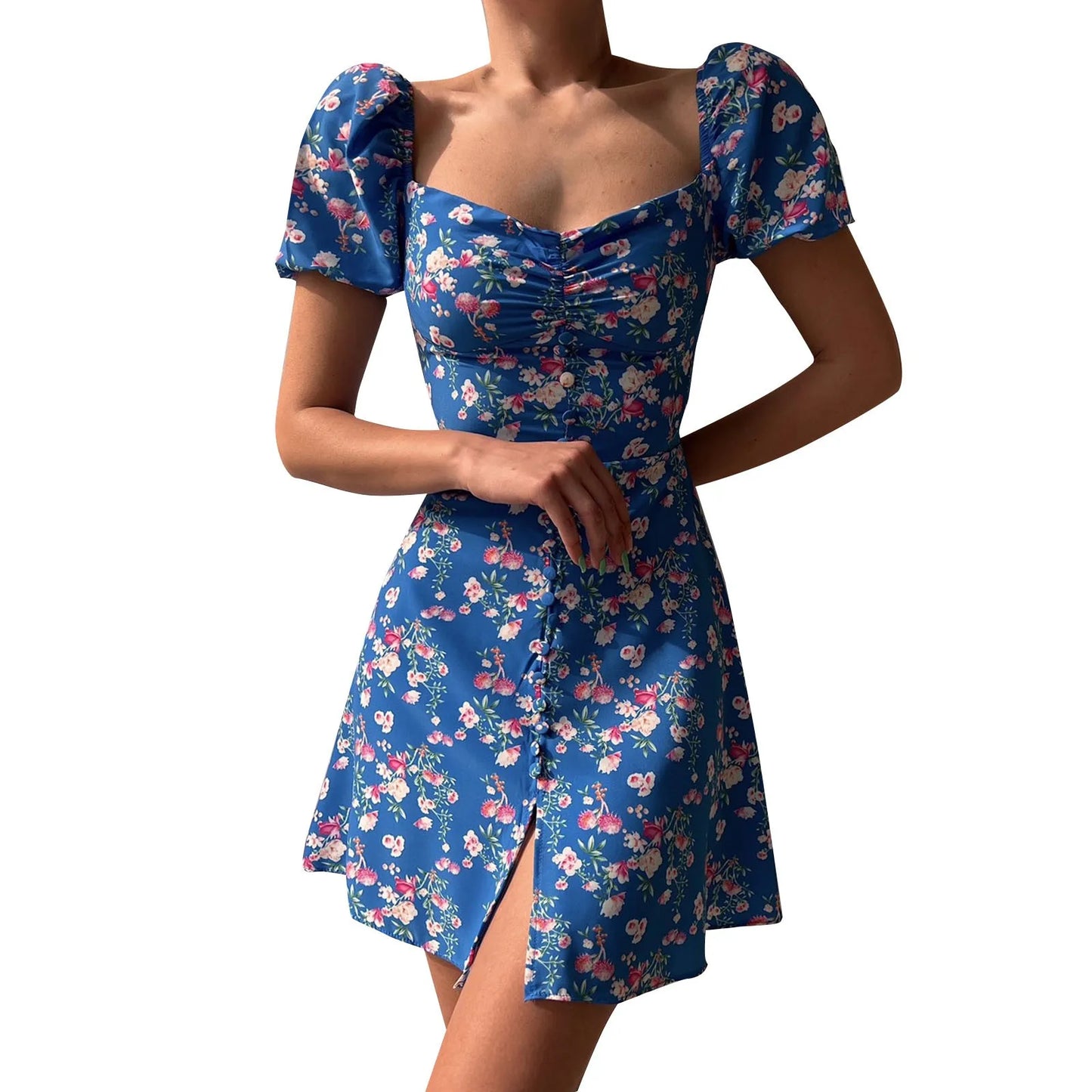 Mini Dresses- Fitted Floral Milkmaid Mini with Button Details- - IndioGear.com