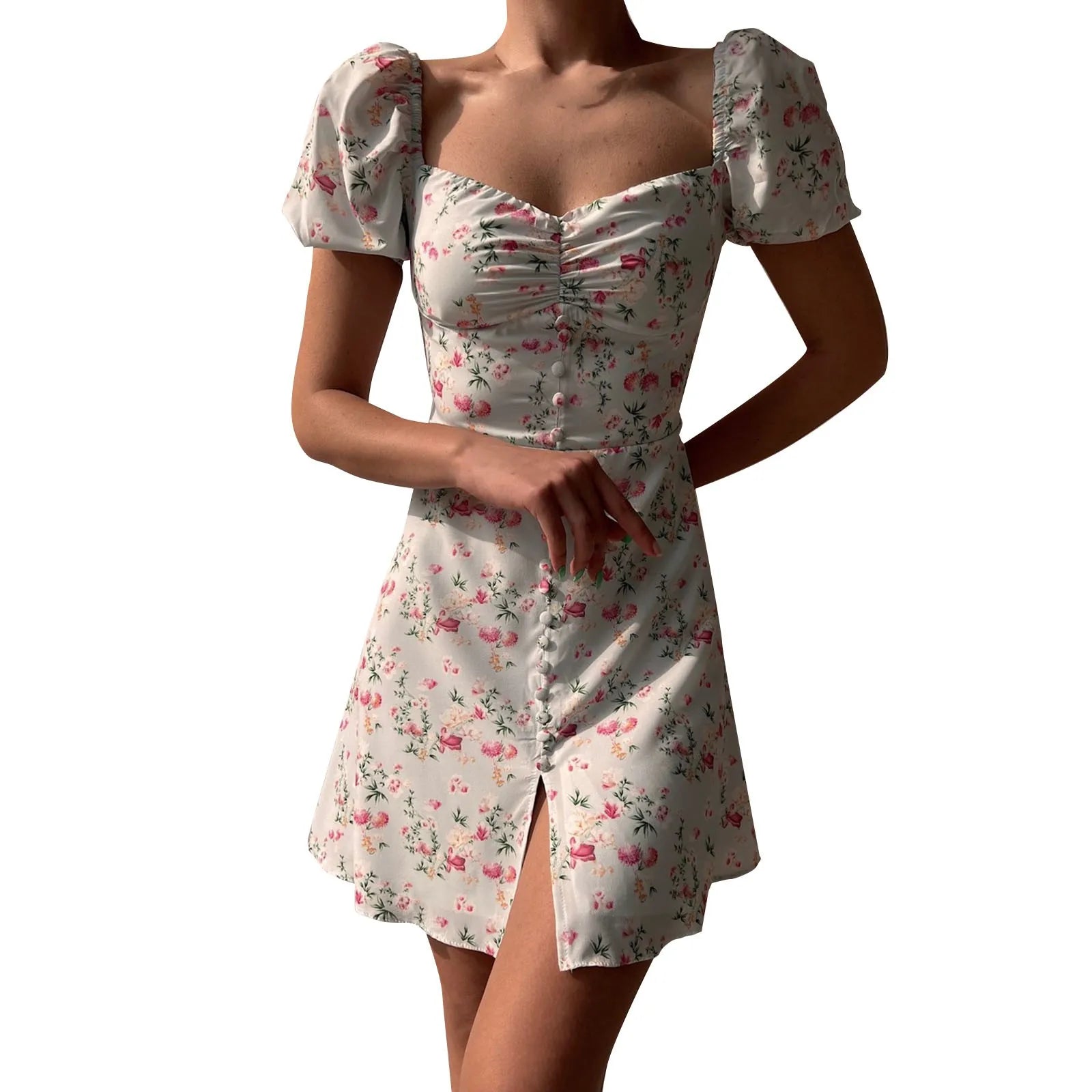 Mini Dresses- Fitted Floral Milkmaid Mini with Button Details- - IndioGear.com