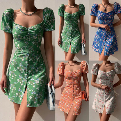 Mini Dresses- Fitted Floral Milkmaid Mini with Button Details- - IndioGear.com