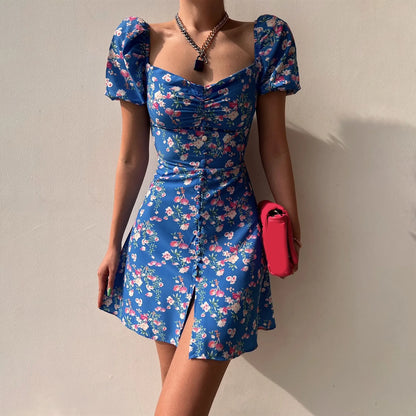 Mini Dresses- Fitted Floral Milkmaid Mini with Button Details- - IndioGear.com