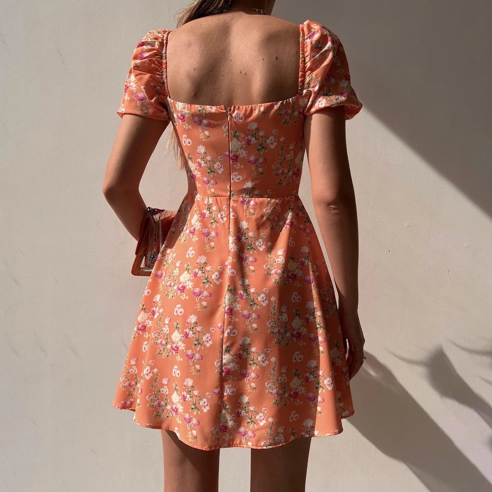 Mini Dresses- Fitted Floral Milkmaid Mini with Button Details- - IndioGear.com