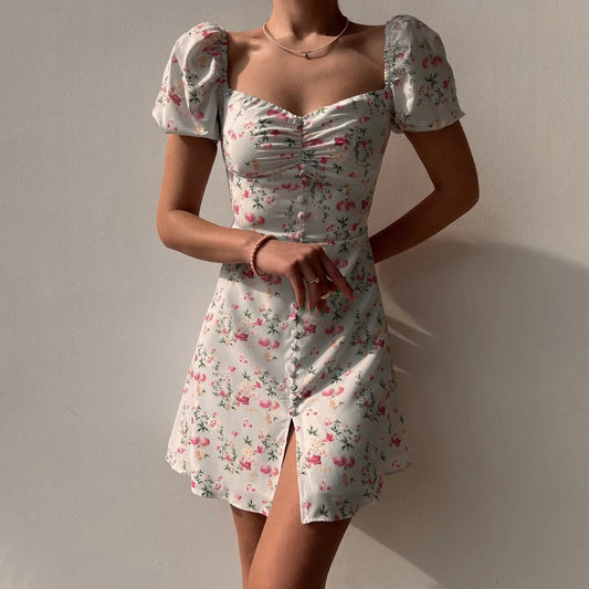 Mini Dresses- Fitted Floral Milkmaid Mini with Button Details- White- IndioGear.com