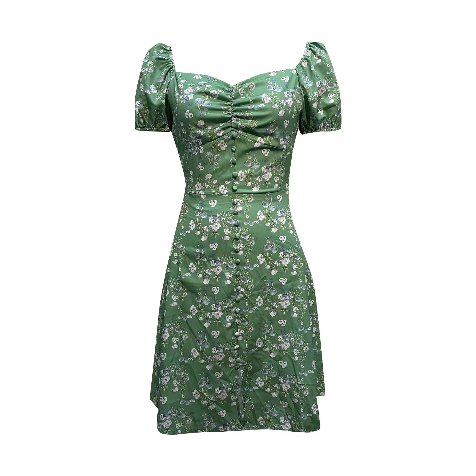 Mini Dresses- Fitted Floral Milkmaid Mini with Button Details- - IndioGear.com