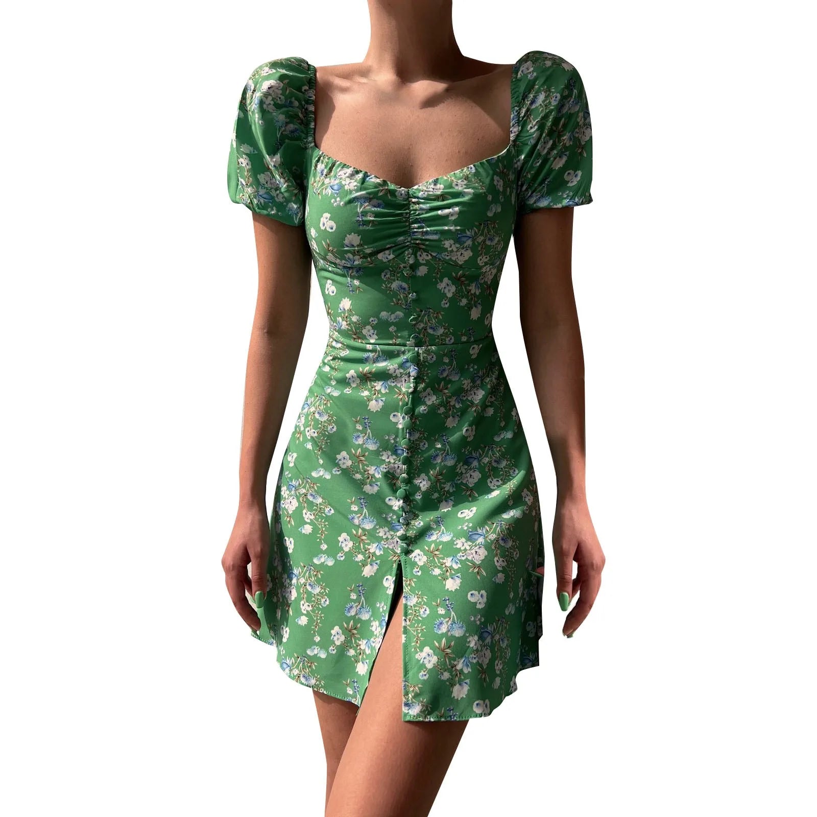 Mini Dresses- Fitted Floral Milkmaid Mini with Button Details- - IndioGear.com