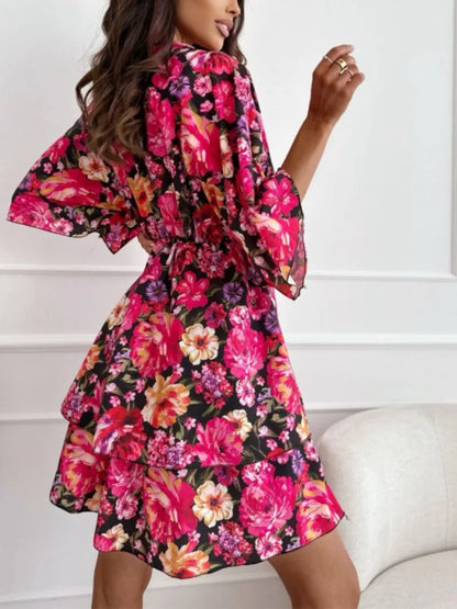 A-Line Dress with Floral Print and Kimono Sleeves