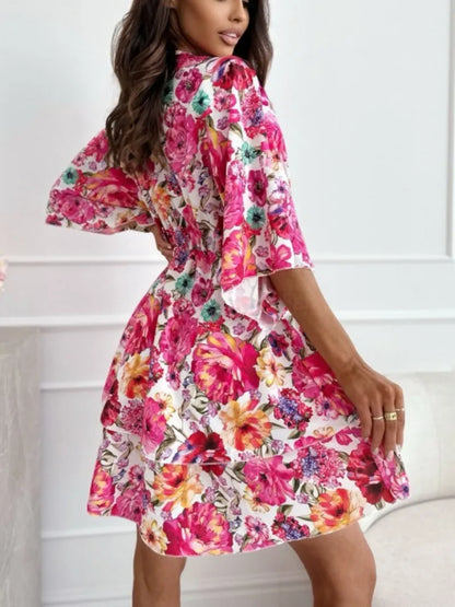 A-Line Dress with Floral Print and Kimono Sleeves