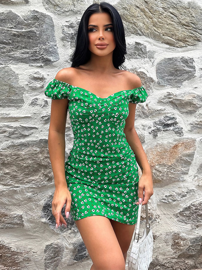 Mini Dresses- Floral Sweetheart Off-Shoulder Sheath Mini Dress- - IndioGear Fashion and Gear