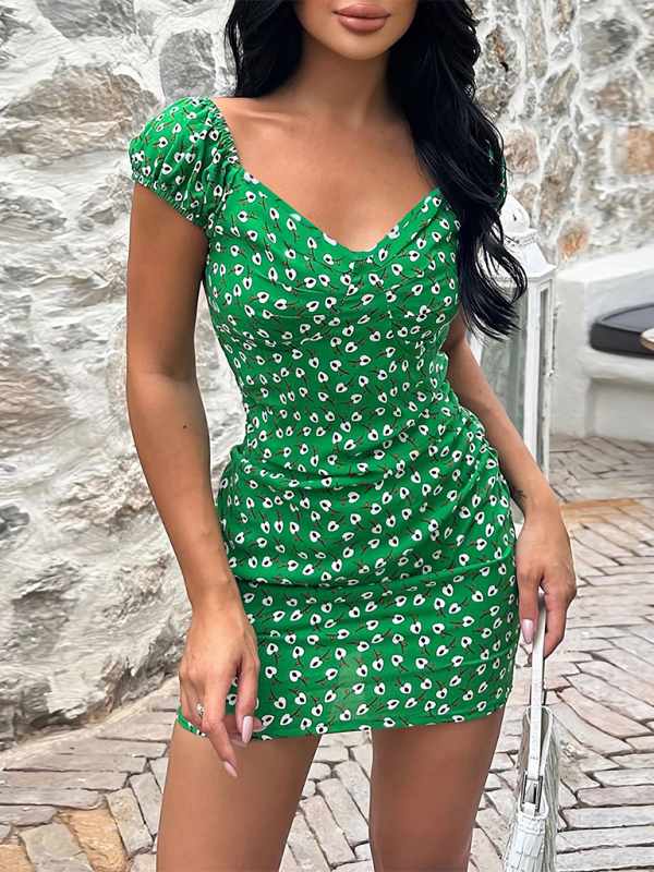 Mini Dresses- Floral Sweetheart Off-Shoulder Sheath Mini Dress- Green- IndioGear Fashion and Gear