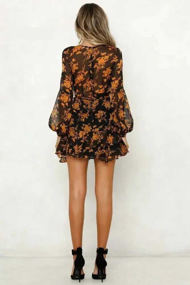 Mini Dresses- Floral V-Neck Long Sleeve Mini Dress - Sheer Elegance- - IndioGear.com