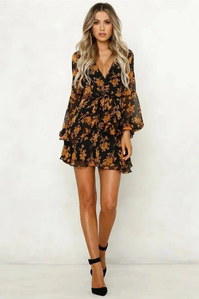 Mini Dresses- Floral V-Neck Long Sleeve Mini Dress - Sheer Elegance- - IndioGear.com