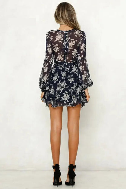 Mini Dresses- Floral V-Neck Long Sleeve Mini Dress - Sheer Elegance- - IndioGear.com