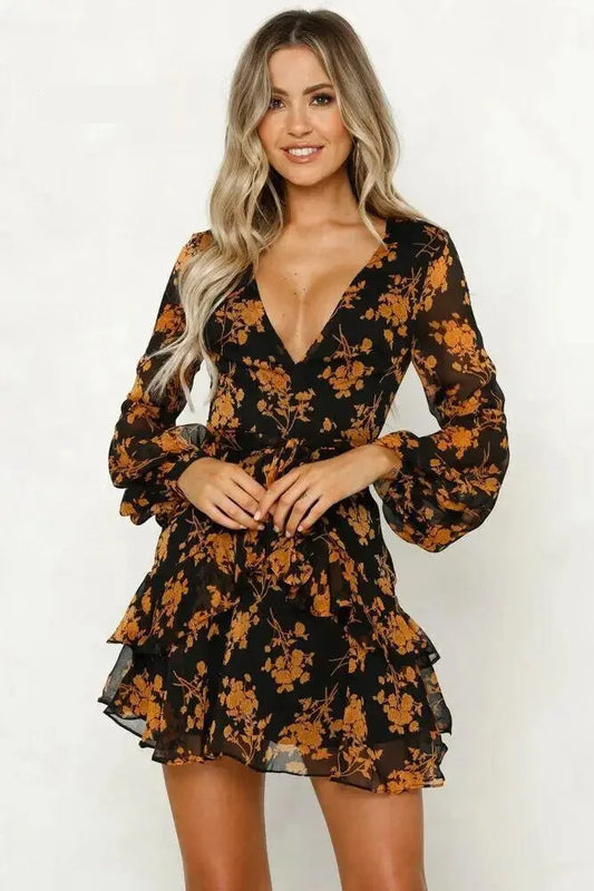 Mini Dresses- Floral V-Neck Long Sleeve Mini Dress - Sheer Elegance- Yellow- IndioGear.com