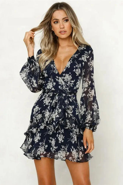 Mini Dresses- Floral V-Neck Long Sleeve Mini Dress - Sheer Elegance- Blue- IndioGear.com