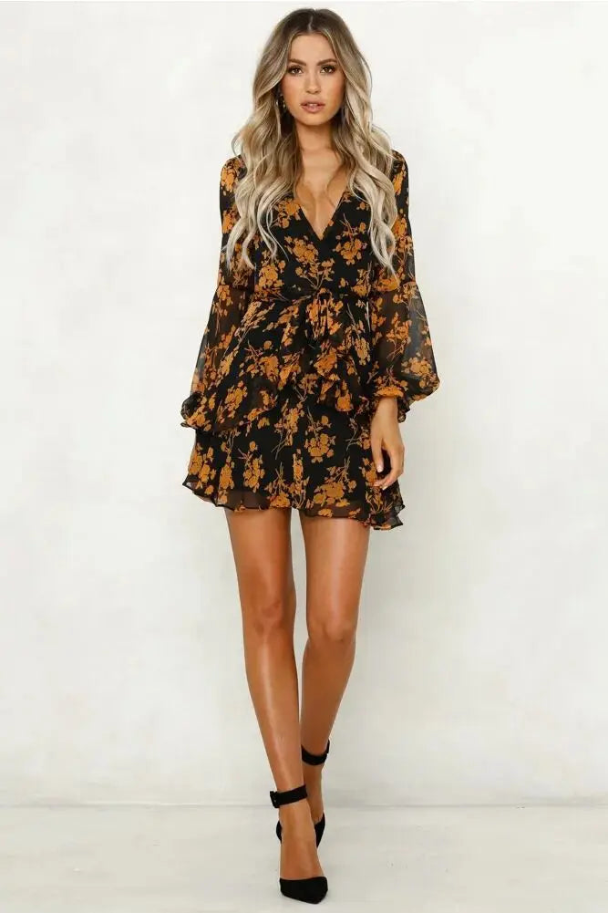 Mini Dresses- Floral V-Neck Long Sleeve Mini Dress - Sheer Elegance- - IndioGear.com