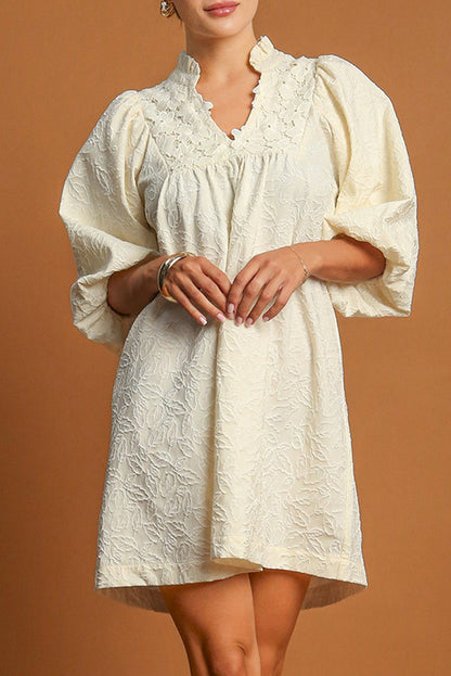 Mini Dresses- Frilled Notched Textured Bubble Sleeve Dress- White- IndioGear Women Clothing