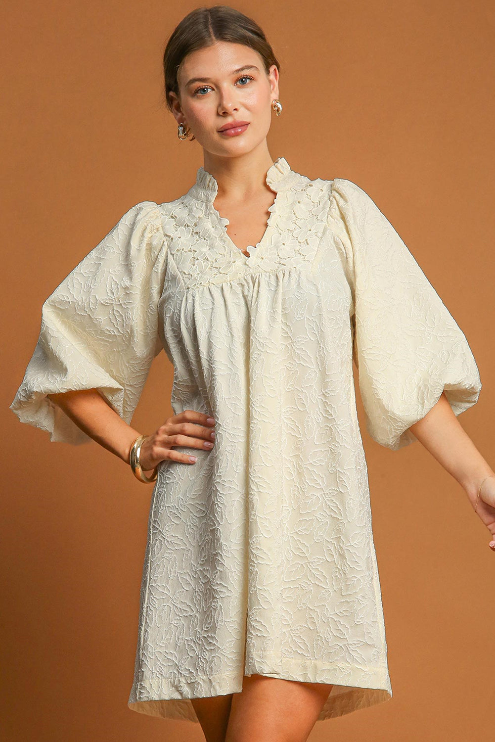 Mini Dresses- Frilled Notched Textured Bubble Sleeve Dress- - IndioGear Women Clothing