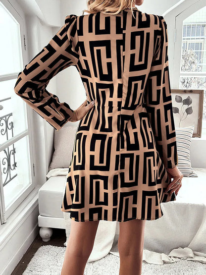 Mini Dresses- Geometric Print A-Line Mini Dress – Casual Chic- - IndioGear Women Clothing