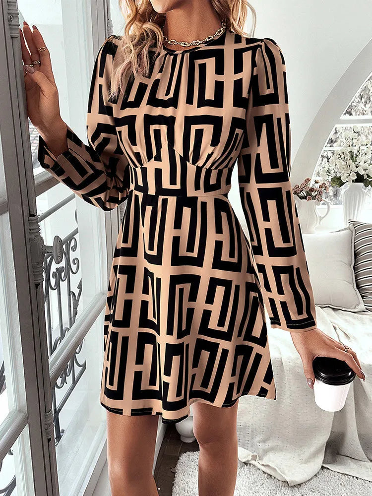 Mini Dresses- Geometric Print A-Line Mini Dress – Casual Chic- - IndioGear Women Clothing