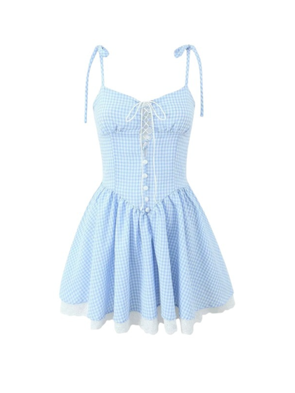 Mini Dresses- Gingham Vintage-Inspired Mini Dress- Blue- IndioGear.com