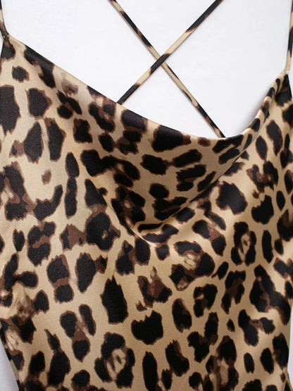 Mini Dresses- Leopard Print Cowl Neck Cocktail Dress- - IndioGear.com