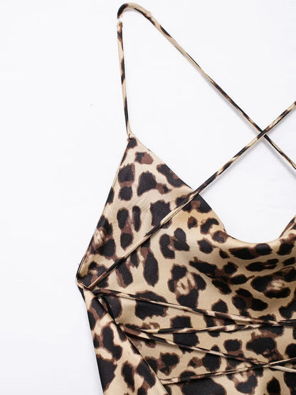 Mini Dresses- Leopard Print Cowl Neck Cocktail Dress- - IndioGear.com