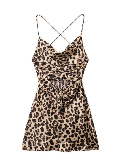 Mini Dresses- Leopard Print Cowl Neck Cocktail Dress- - IndioGear.com