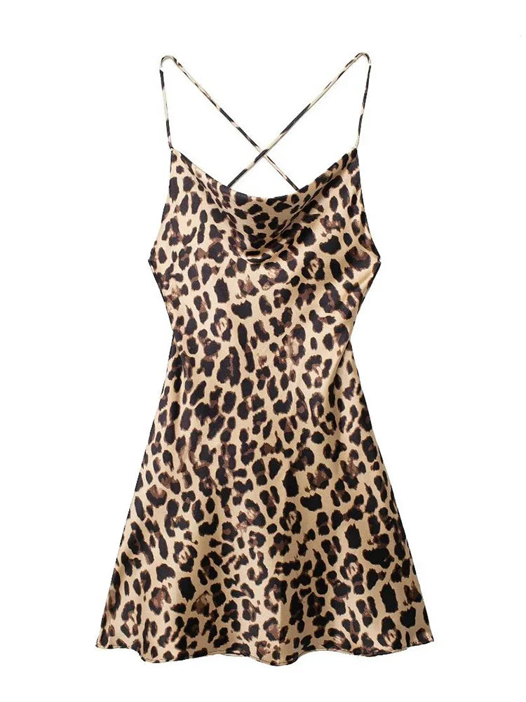 Mini Dresses- Leopard Print Cowl Neck Cocktail Dress- Leopard Print- IndioGear.com