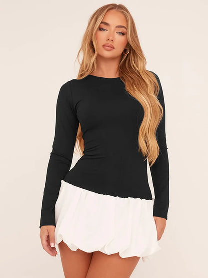 Mini Dresses- Long Sleeve A-line Bi-Color Mini Dress- - IndioGear.com