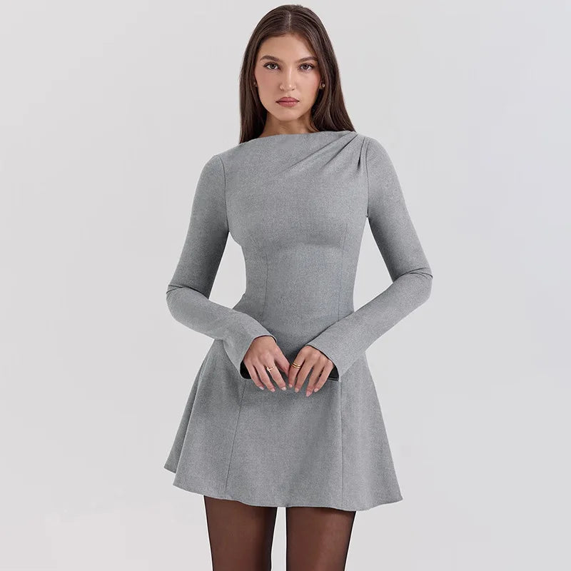 Mini Dresses- Long Sleeve High Waist Casual Mini Dress- - IndioGear Women Clothing