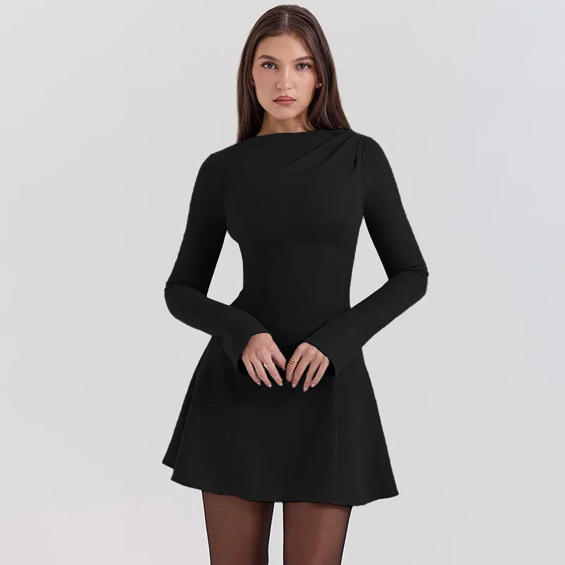 Mini Dresses- Long Sleeve High Waist Casual Mini Dress- - IndioGear Women Clothing