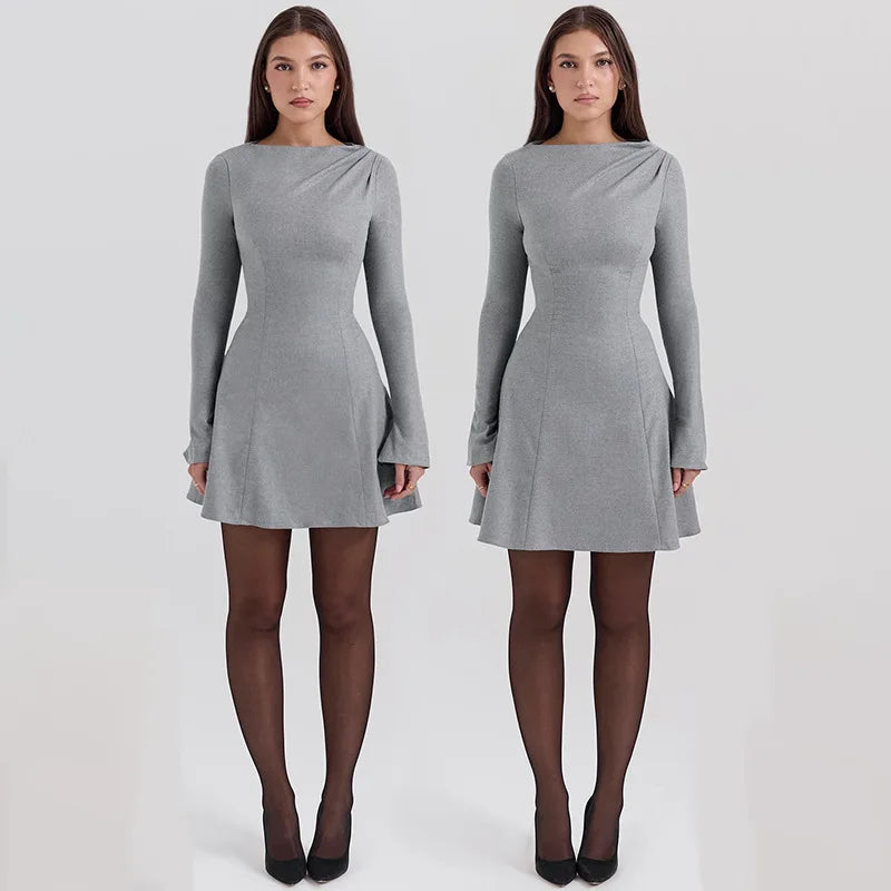 Mini Dresses- Long Sleeve High Waist Casual Mini Dress- - IndioGear Women Clothing