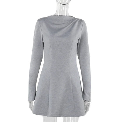 Mini Dresses- Long Sleeve High Waist Casual Mini Dress- Gray- IndioGear Women Clothing