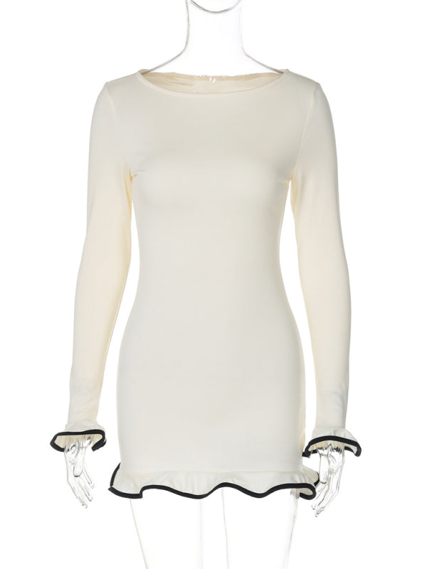 Mini Dresses- Long Sleeve Mini Dress with Piping- - IndioGear Women Clothing