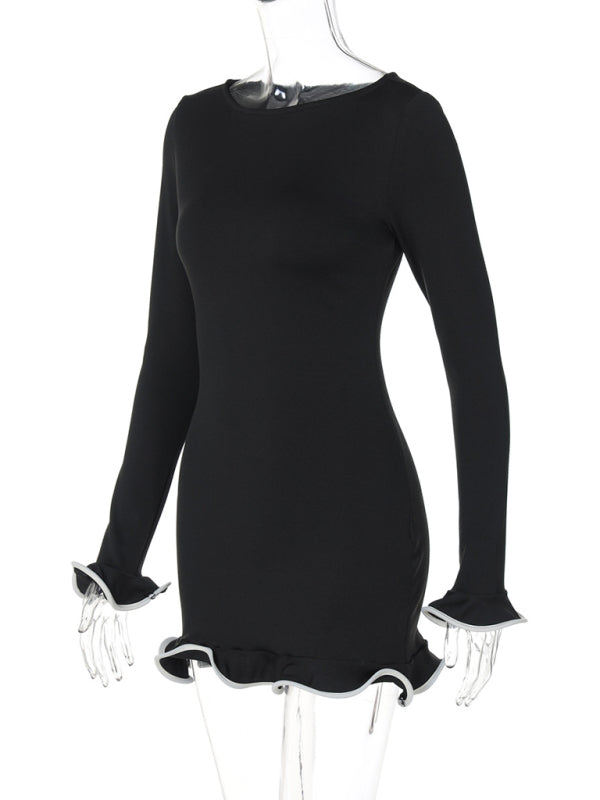 Mini Dresses- Long Sleeve Mini Dress with Piping- - IndioGear Women Clothing