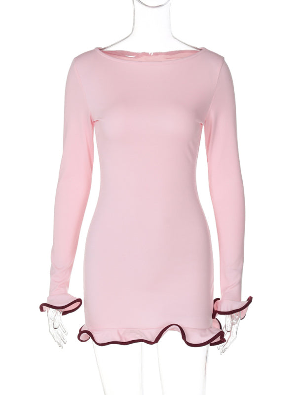 Mini Dresses- Long Sleeve Mini Dress with Piping- - IndioGear Women Clothing