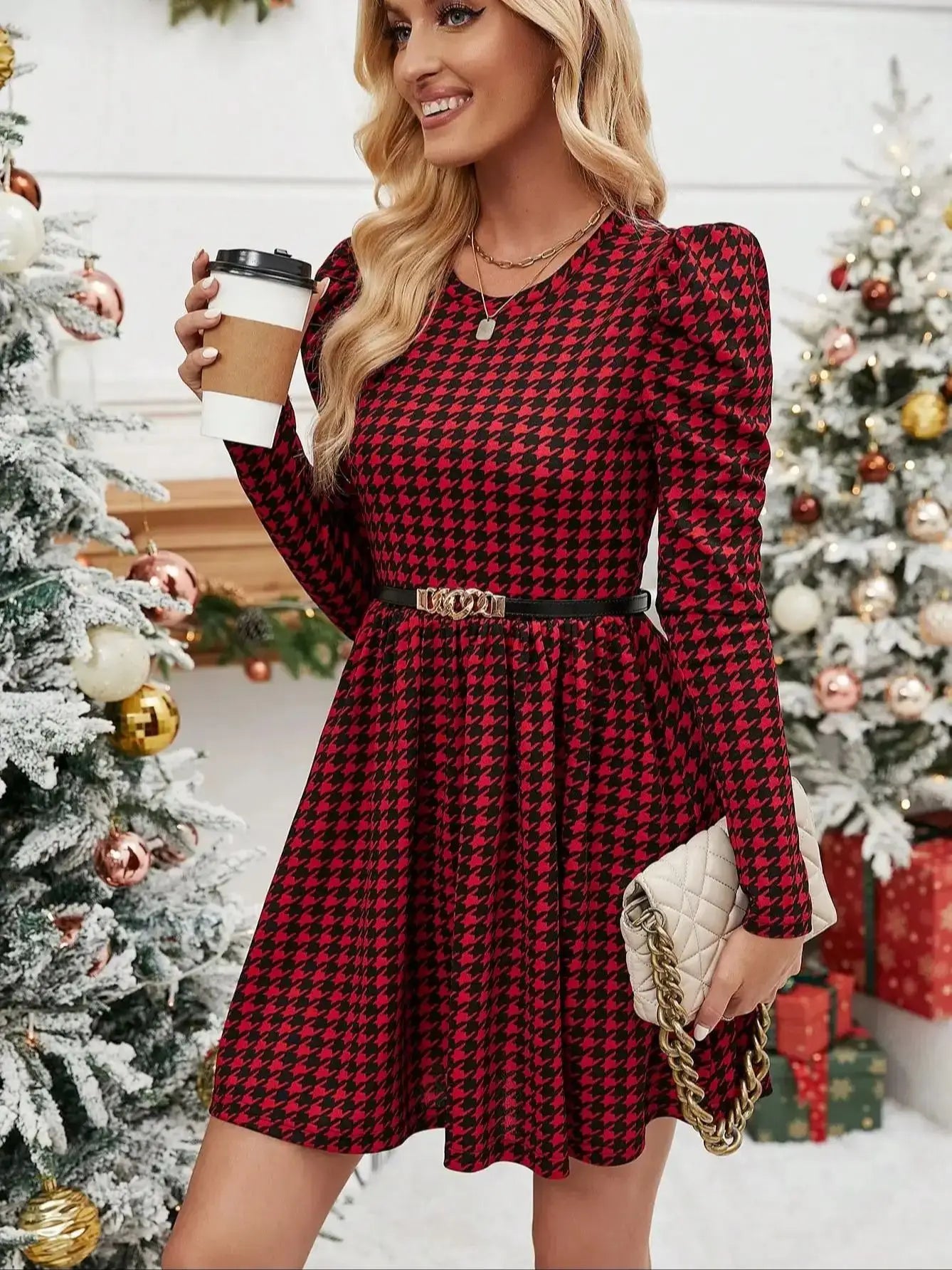 Mini Dresses- Long Sleeved Fit & Flare Mini Dress Houndstooth Pattern for Casual Events- Red- IndioGear Women Clothing