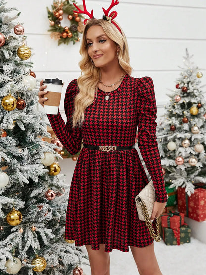 Mini Dresses- Long Sleeved Fit & Flare Mini Dress Houndstooth Pattern for Casual Events- - IndioGear Women Clothing