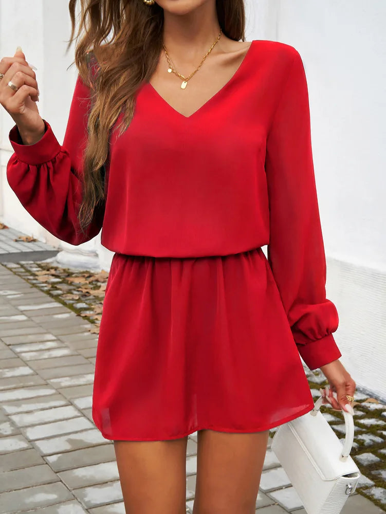 Mini Dresses- Minimalist V-Neck Bishop Sleeve Dress- - IndioGear Women Clothing