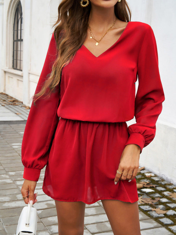 Mini Dresses- Minimalist V-Neck Bishop Sleeve Dress- Red- IndioGear Women Clothing